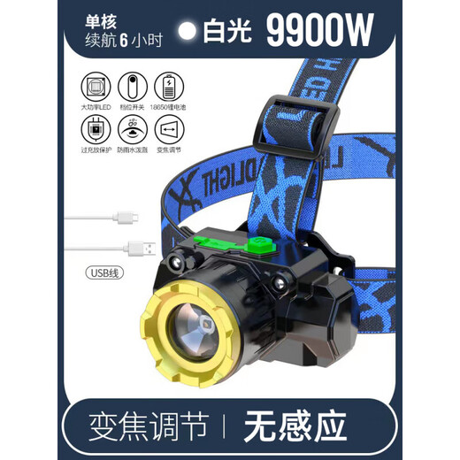 Scheinwerfer mit starker leichter und langer Akkulaufzeit 2024 neuer Bulle Super Bright Lading Head montiert Outdoor Zoom Langgeschwindigkeit Nachtfischen ohne Erkennungs 9900W Standby-Batterie innerhalb von 100 Stunden