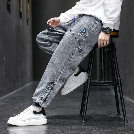 Number one youth jeans men spring and summer retro loose work pants trendy large size men's casual pants men gray XL