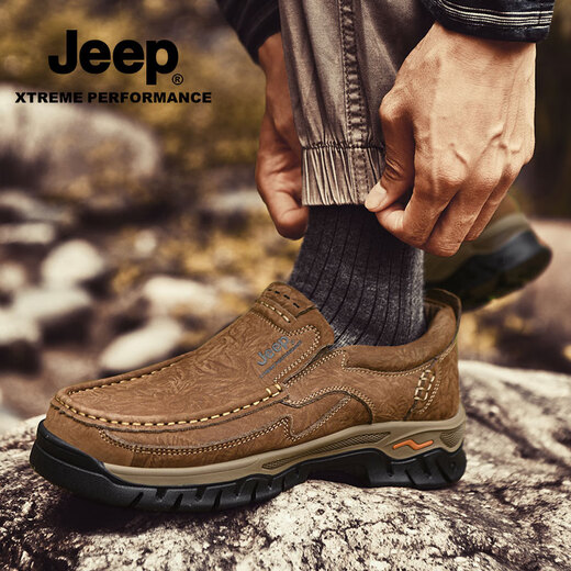 JEEP Jeep first-layer cowhide casual shoes for men in autumn and winter new soft-soled hiking shoes one-legged lazy casual business leather shoes khaki foot style standard leather shoe size 41 (255mm)