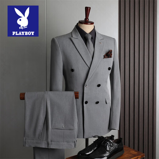 Playboy suit men's British style double-breasted business casual suit three-piece suit groom wedding dress small suit men black three-piece suit (suit + vest + pants) 62/6XL size free brooch + pocket square