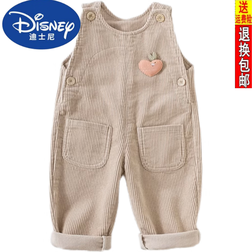 Disney baby overalls autumn and winter plus velvet infant jumpsuit 0 to 3 years old children's casual cute baby corduroy pants khaki (spring and autumn) 90