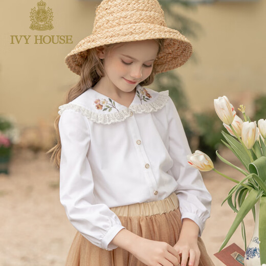 IVY HOUSE Ivy children's clothing for girls and older children in autumn new style French embroidery large collar piece elegant simple shirt for children white 120cm (120/56)