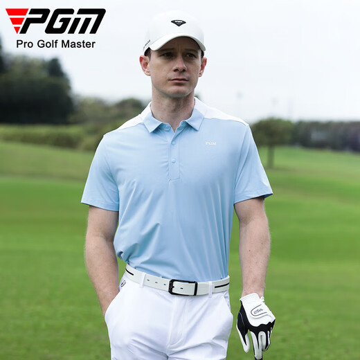 
PGM golf clothing men's short-sleeved summer sports t-shirt breathable holes moisture absorption lapel polo shirt color combination YF679-light blue M