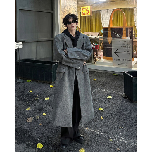
NEW OR MODE British style long lapel woolen coat men's autumn and winter new versatile rivets high-end loose trendy coat Black XL