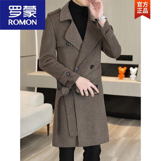 ROMON woolen coat men's mid-length handsome belt slim woolen woolen coat double-sided woolen windbreaker black 2XL 185 recommended 140Jin Jin equals 0.5kg -155Jin Jin equals 0.5kg