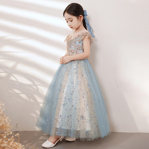 小咔衣浓花童婚礼小女孩礼服女童生日公主裙高端儿童主持人钢琴演奏演出服 紫色1591无袖长款 130