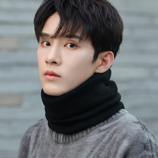 FitonTon neck scarf men's winter solid color thickened warm neck gaiter plus velvet cold scarf neck gaiter FTW0030 black