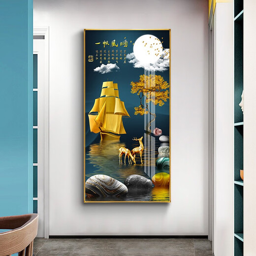 Xiao Lulin Light luxury entrance decoration painting New Chinese style entrance painting aisle corridor mural Nordic abstract elk hanging painting crystal porcelain painting 14087 smooth sailing Diamond inlay painting 100*200 cool black (customized size)