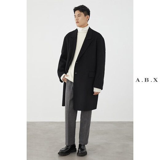 a.b.x冬季戗驳领偏门襟单排扣人字纹羊毛双面尼大衣男中长款外套 燕麦人字纹 L/175