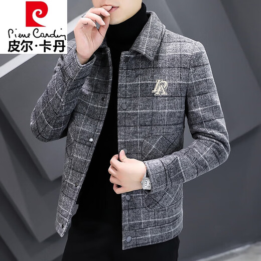Pierre Cardin high-end autumn and winter woolen jacket men's short casual woolen woolen jacket men's thickened cashmere woolen trendy knitted style 2905 gray style regular 4XL