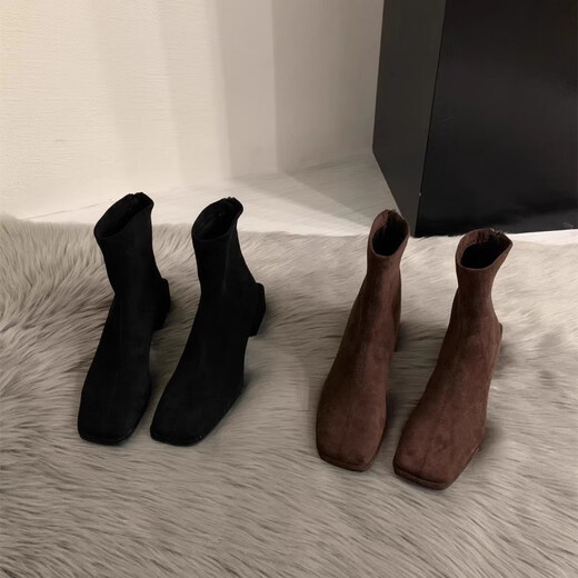 
CEOCK autumn and winter wool elastic socks boots for women Martin boots thin boots short boots thick heel medium heel plus velvet nude boots B679-1 black velvet 36