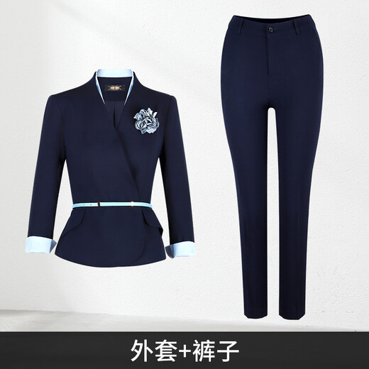 Luo Meng Professional Suit Formal Wear Women's Sales Department Work Clothes Interview Suit Hotel Front Desk Workwear Stewardess Uniform Summer Blue Collar Long Sleeve Navy Suit + Pants L