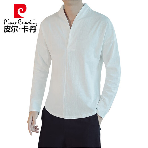 皮尔卡丹（pierre cardin）轻奢中国风男装秋季亚麻长袖t恤男士打底衫复古风汉服唐装棉麻上 7029(易打理)黑色 长袖 XL(轻商务)(易打理)