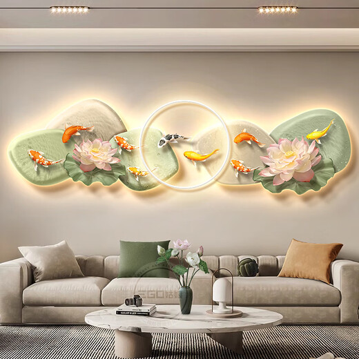 米聆九鱼图客厅沙发背景墙装饰画轻奢高级感石来运转挂新中式壁 九鱼嬉戏C暖光灯双层发光 12035cm双层UV亚克力精雕轻奢立
