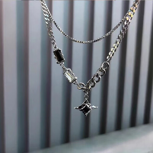 Jingji Star Double Layer Necklace Men's Trendy Clavicle Chain Hip Hop Style Advanced Pendant Fashion Jewelry Ins Light Luxury Style Star Double Layer Necklace 44+8cm