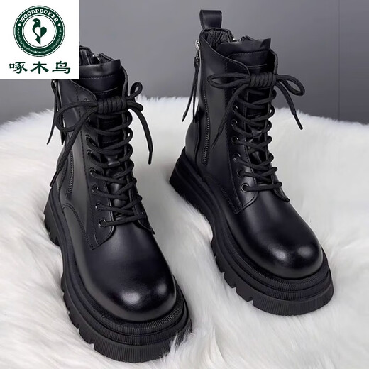 
Woodpecker genuine leather thick-soled Martin boots for women 2025 new spring and summer fashion trend British style short boots autumn and winter plus fleece single boots black * single 37