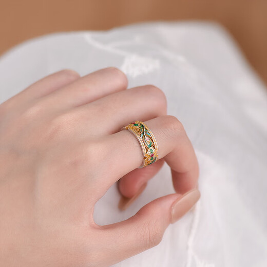 Luotai old silversmith 9999 pure silver enamel ring women's style Chinese style light luxury high-end gold phoenix feather feather ring enamel ring (adjustment range 10-16#)