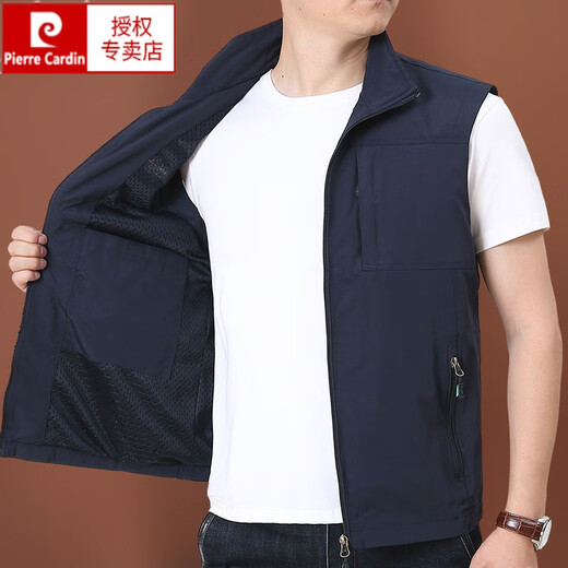 Pierre Cardin vest men's spring and autumn outdoor sports workwear large size sleeveless vest multi-pocket loose waistcoat sports coat for men dark blue 2XL