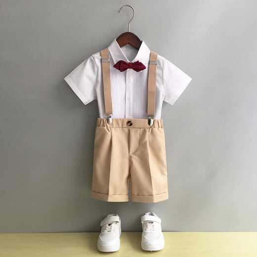 
GOKU boys' dress suit kindergarten performance suit overalls summer host children's suit graduation suit flower girl black pants + shirt + strap + bow tie 130 recommended weight 43-50 Jin [Jin equals 0.5 kg]