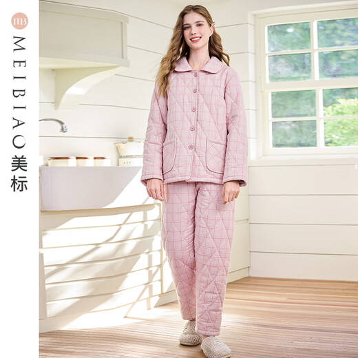 American Standard's new couple's three-layer quilted thermal pajamas for women winter all-cotton quilted padded clothes plaid can be worn outside home clothes for men Taro powder XL