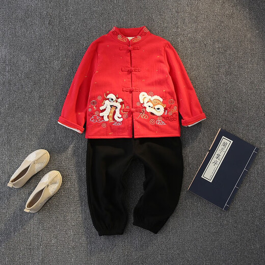 圆圆米米男童汉服宝宝中国风衣服儿童周岁礼服加绒唐装名族古装套装少爷服 WLCX753加绒红色 90