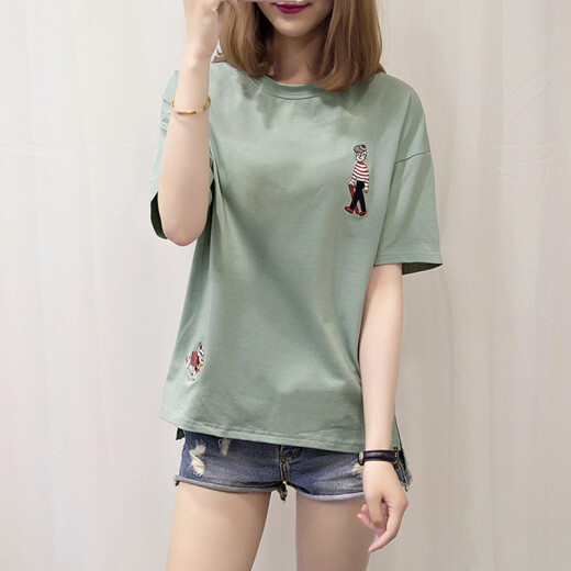JOYOFJOY2020 summer large size embroidered short-sleeved t-shirt women's loose Korean version versatile top women's trendy JWTD191261 green L