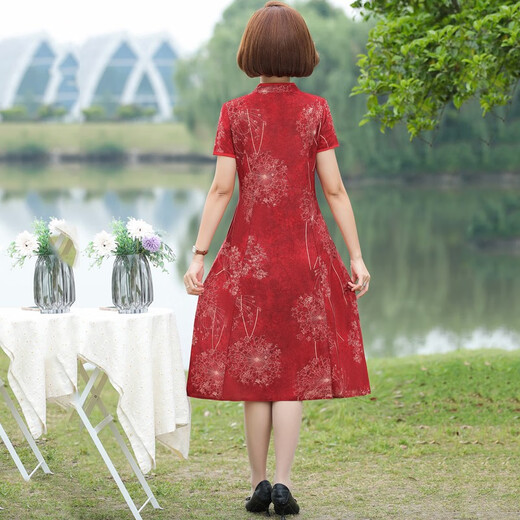 富夕妈妈夏装新款连衣裙仿真丝旗袍洋气高贵中老年女夏季气质大码裙子 698红色 2XL 建议105-120斤柔软舒适