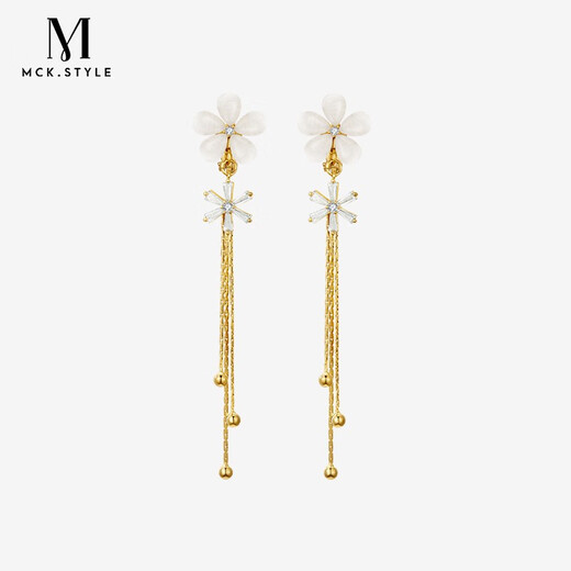 Mck imitation opal flower tassel ear clip women's long pierced earrings girlfriend Chinese Valentine's Day gift