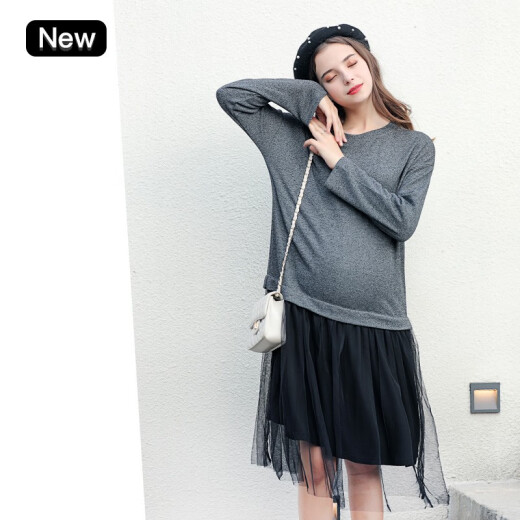October Mingshang Maternity Dress Loose Suit Mid-Length Fashion Skirt Long Sleeve Spring Large Size New Trendy Mom Gray and Black M