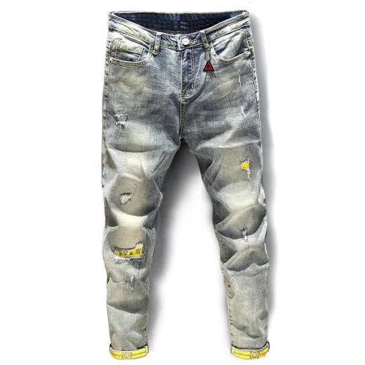 Zhidou Dou Jeans de color claro Nine Punta Slim Slim Feet Pants Pantalones de estilo Coreano Mendigo de moda Mendido Reped de Flin Style 9767 30