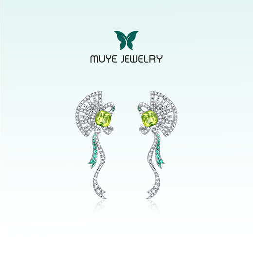 Muye Ma Li's same style natural colored gemstones, peridot colored gemstone earrings, fan earrings, original design colored gemstone earrings, fan earrings