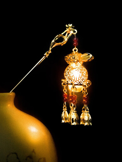 Lingchuan Glowing Rabbit Tassel Lantern Hairpin Mid-Autumn Festival West Lake Palace Lantern Ancient Style Hair Ornament for Women with Hair on the Back of the Head Red Single Hairpin