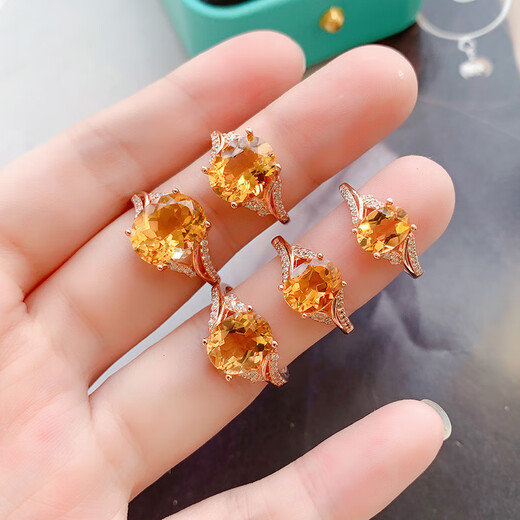 Yan's sterling silver inlaid natural citrine ring for women with adjustable buckle, fashionable, sweet, Japanese and Korean yellow gemstones with certificate 6 8 (rose gold)