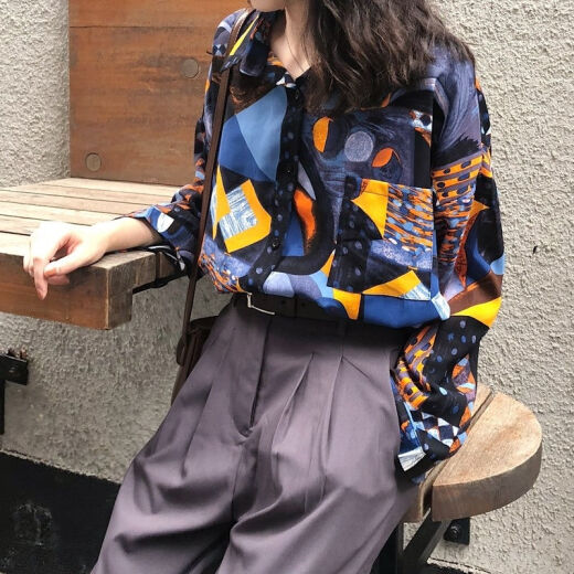 ZHIDOUDOU衬衫女春秋新款韩版宽松印花衬衣港味复古长袖衣外套 a 9712 S  收藏店铺ONG小礼物