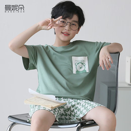 Mannido Boys Pajamas Лето новая короткая рукава мальчики с чистым хлопком детей Большой детской хлопковой молодежной домашней одежды N6621 [Double Short] 180 увеличенного кода версии XL [130-150JIN [Jin равно 0,5 кг]]