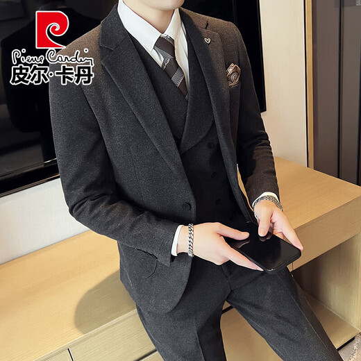 Pierre Cardin (pierre cardin) business slim suit men's spring and summer new woolen suit three-piece suit groom wedding formal dress SJT8339 khaki three-piece suit suit + trousers + vest XL