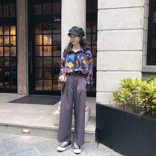 ZHIDOUDOU衬衫女春秋新款韩版宽松印花衬衣港味复古长袖衣外套 a 9712 S  收藏店铺ONG小礼物