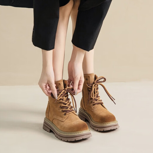 
Plain Martin Boots Women's Short Boots Brown Spring 2025 New Retro Work Suit Western British Style Thick Sole Heightening Denim Boots Martin Boots Women [7-hole Brown Zipper Style] 36