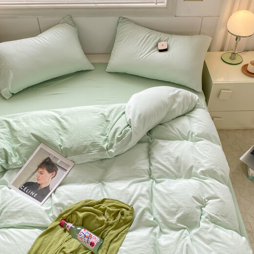 Yalu Home Textiles Four-piece set of pure cotton naked sleeping 100 cotton sheets and quilt cover cover single and double 1.5m 1.8 meters bedding Algae green + moonlight green 2.2*2.4m quilt cover [quilt cover single piece]