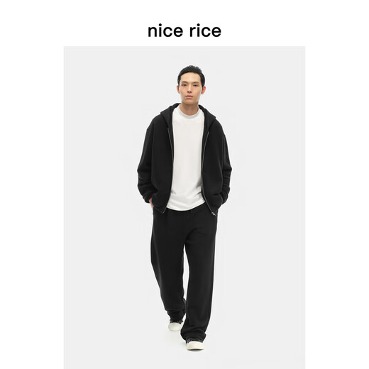 nice rice好饭   400G全棉毛圈绒底做旧宽松卫裤NGD12048 水洗黑（400G） L