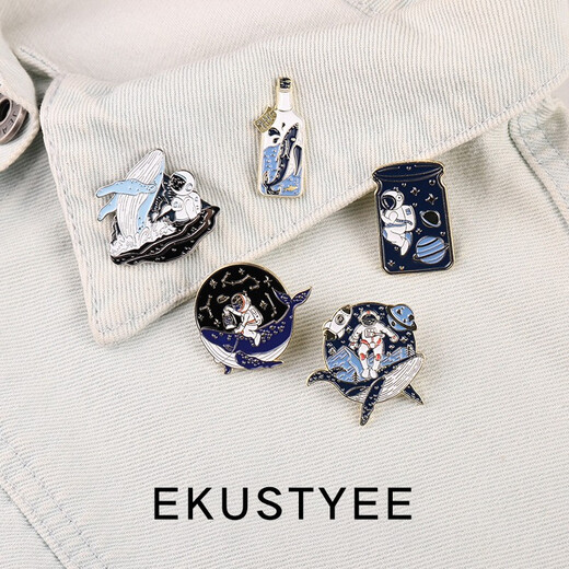 EKUSTYEE astronaut couple brooch whale cute creative men's and women's metal badge pin bag decoration drift bottle whale