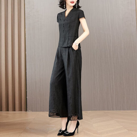 JYMMU Guangzhou Thirteen-Long Women's High-end Summer Two-Piece Set Women's 2024 New Style Temperament Slimming Belly Black 1416# 2XL 116-130Jin[Jin equals 0.5 kg]