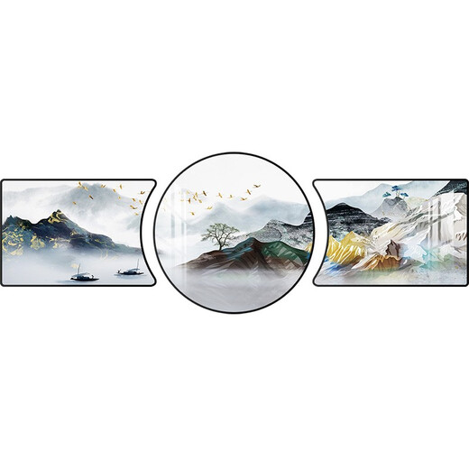 科芝 流水生财新中式客厅装饰画沙发背景墙大气山水画背景墙高感级茶室水墨禅意三联挂画 科芝1098 左右60*40+中间60*60 布纹膜包边