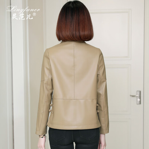 Lingfaner Haining genuine leather jacket for women autumn new casual small sheepskin jacket short style autumn leaf yellow M