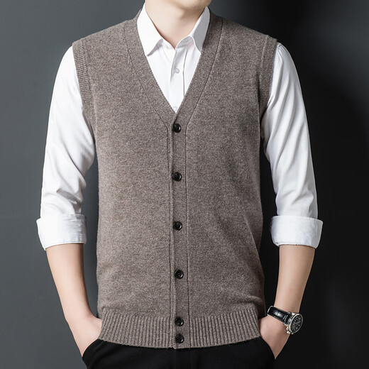 Hengyuanxiang Autumn and Winter Men's 100% Pure Wool Vest Winter V-neck Wool Sweater Sleeveless Knitted Sweater Cardigan DNDS-55607 Minghua Gray XL (175)