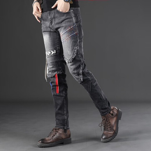 
Autumn and winter new black and gray personality irregular splicing motorcycle jeans men's slim feet fashionable casual trousers LS-9435 black size 28 sizes waist circumference 2 feet 1 90-110Jin [Jin equals 0.5 kg]