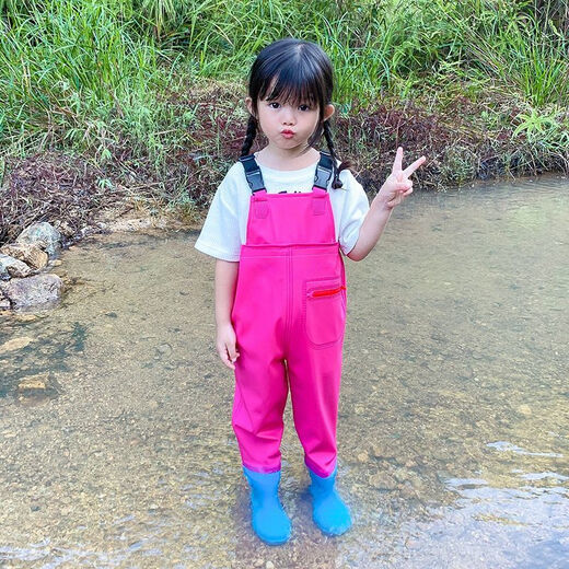 Children's one-piece water play overalls, sand play clothes, rain pants and rain boots for men and women, children's pink overalls, height 90-shoe size 24