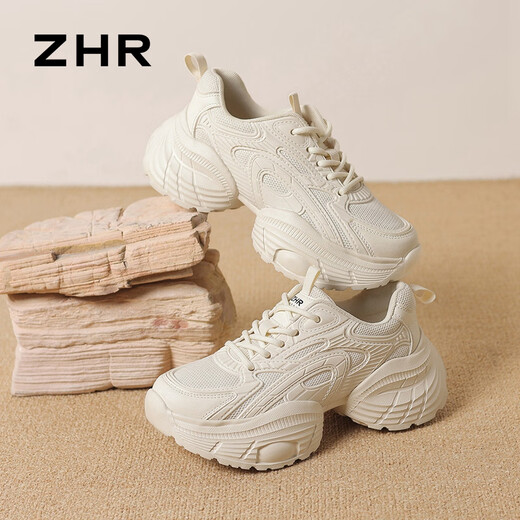 ZHR厚底老爹鞋女新款网面透气女鞋轻便软底耐磨运动鞋女 G753 米色34