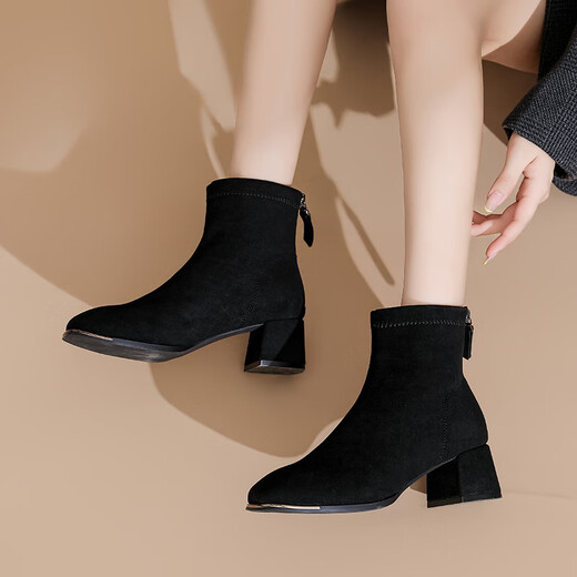 Daphne short boots for women autumn French high heel slim boots black retro suede boots for women black 37