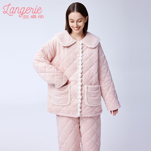 Landroli Couple's Wear, Home Clothes Upper and Lower Sets, Protective Warm Clothes, Men's and Women's Coral Fleece Pajamas, Autumn and Winter, Apricot Pink, Women's M (160) Women's